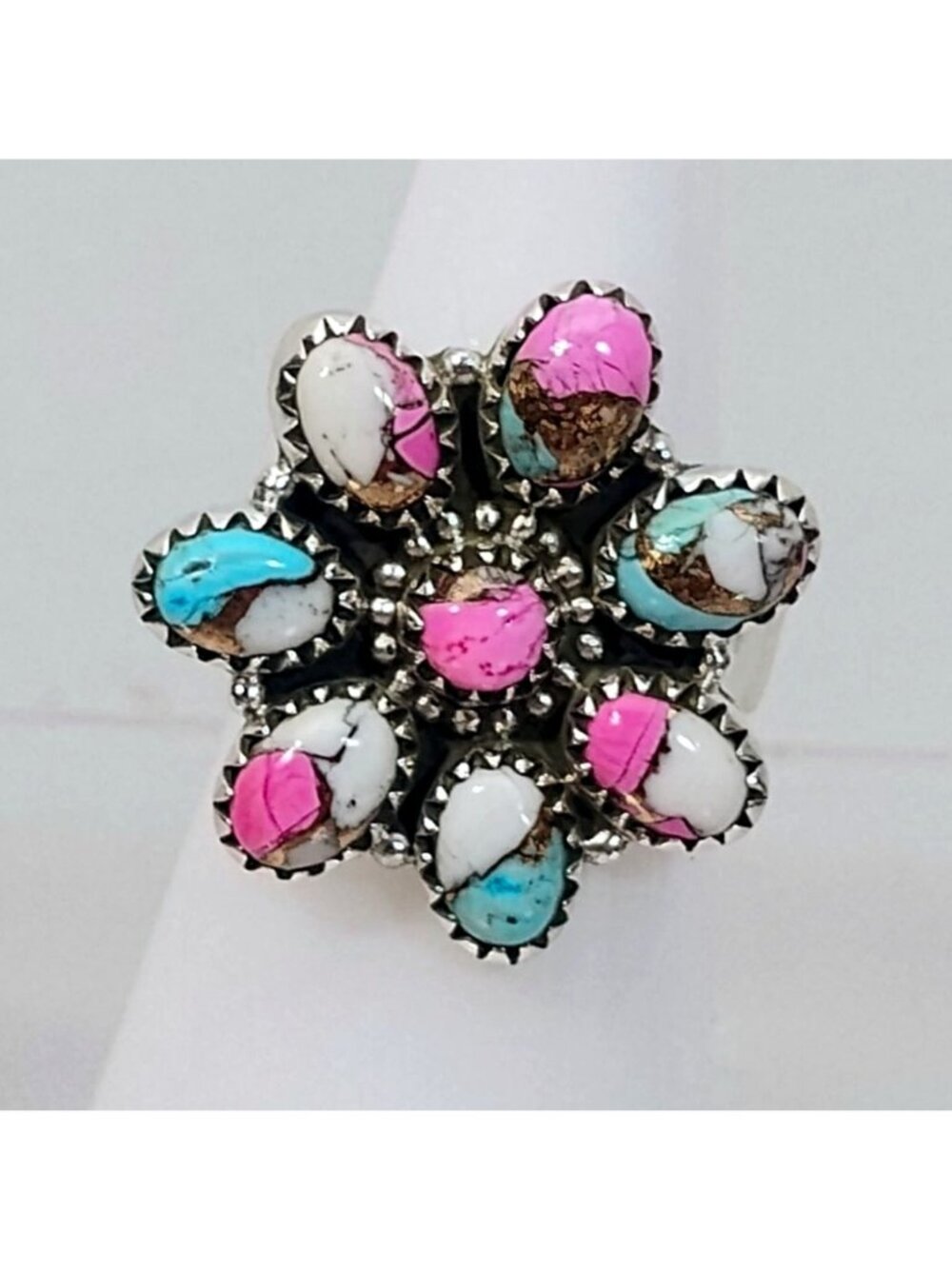 Southwest Sterling Silver Cotton Candy Turquoise flower Cluster Ring Adjustable